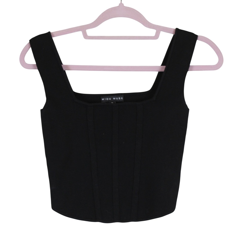 Miou Muse Clean Girl Downtown Chic Black Square Neck Cropped Corset Tank M